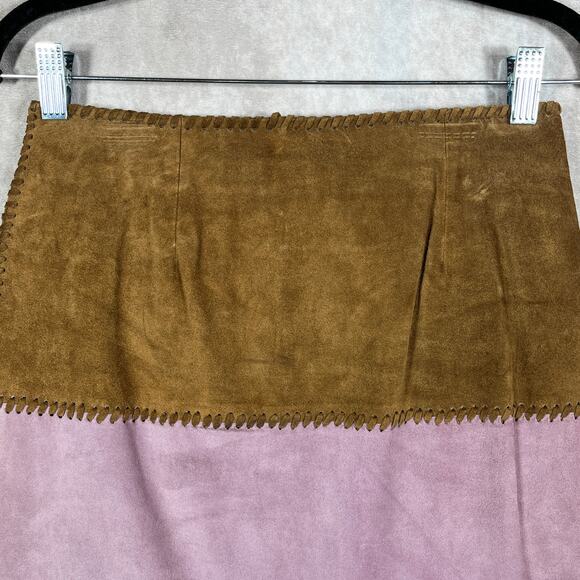 Etcetera Calf Suede Pencil Skirt 2 Green Brown Pink‎ Colorblock Boho Festival - Picture 2 of 9